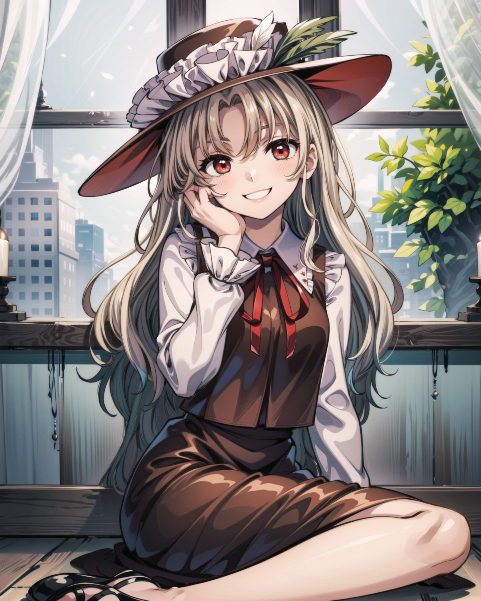 <lora:touhou_jacketgirl-10:1.0>, solo, 1girl, dippjacketgirl, smile, looking at viewer, sitting, hand on own face, frilled...